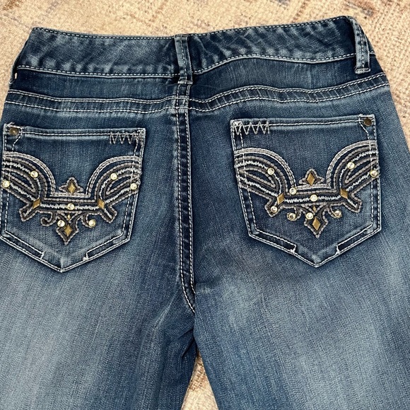 Like New Cache Gold Tone Embellished Flare Denim Jeans | 8 - Picture 9 of 10